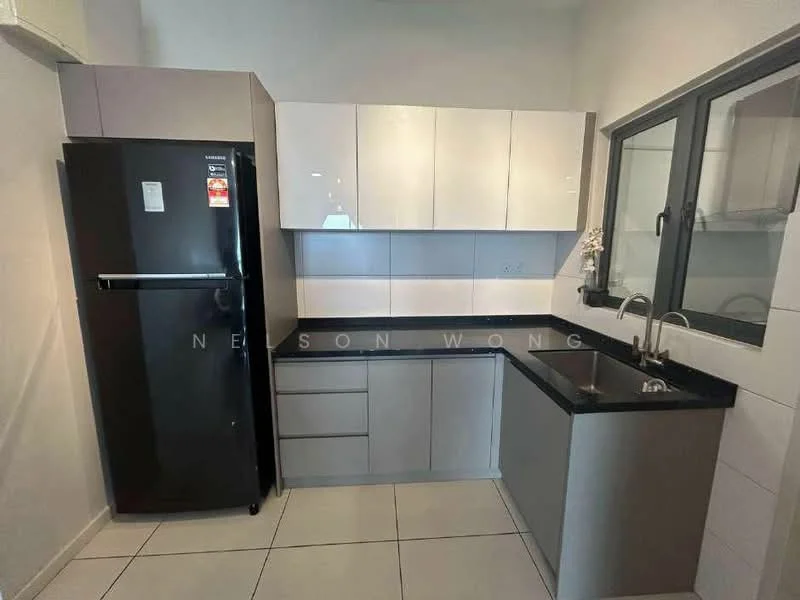Kitchen features: black granite countertop, grey flat-panel cabinets, stainless-steel sink, chrome pull-down faucet, black refrigerator, white tiled backsplash, white tiled flooring, window with black frame; style: modern.