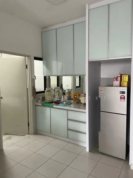 Kitchen features: white cabinetry with glass doors, countertop with blue surface, stainless-steel fridge, built-in cabinets, white tiled flooring, wall-mounted mirror, sink, kitchen utensils visible; style: modern.