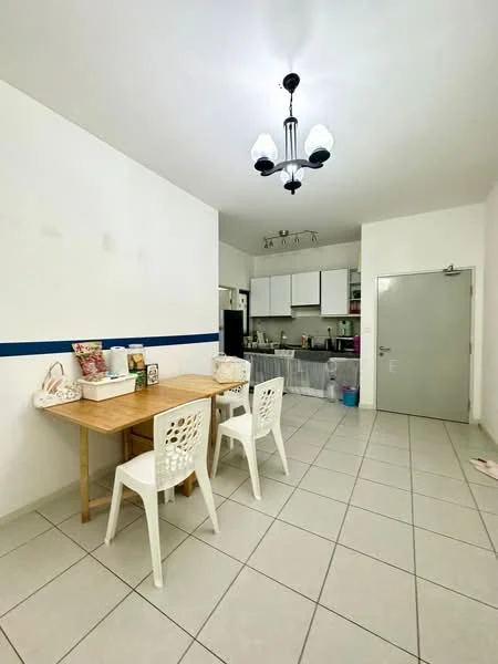 Dining features: square dining table in wood, 2 white plastic dining chairs, white painted walls, tile flooring, recessed ceiling lights, 3-bulb pendant light, open kitchen layout, kitchen cabinets visible, black appliances visible, sink visible in kitchen area; style: modern.