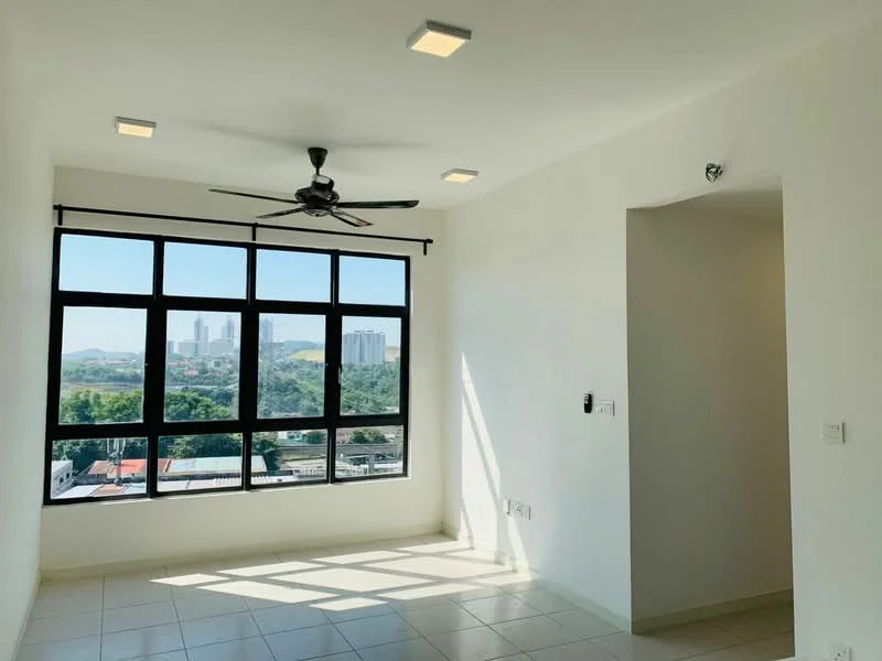 Living features: white painted walls, tile flooring, 5-blade ceiling fan with light, floor-to-ceiling windows, blackout curtains, city view, natural light, light switch, wall-mounted intercom; style: modern; view: city.