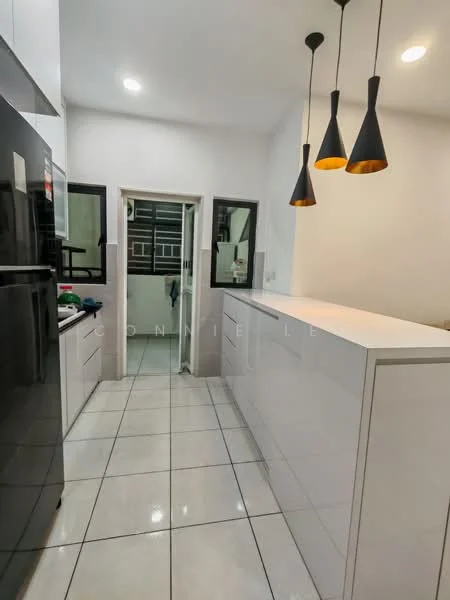 Kitchen features: white cabinetry, black countertop, stainless-steel fridge, built-in oven, ceramic tile flooring, pendant lights with gold accents, double-bowl stainless-steel sink, wall-mounted cabinets, window with black frame, open layout, recessed lighting; style: modern. Room features: white walls, ceramic tile flooring.