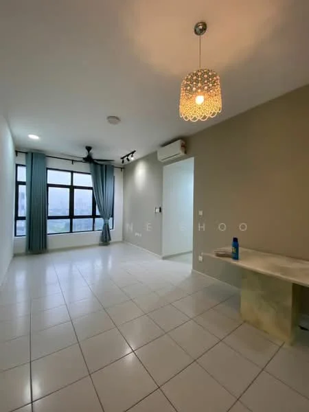 Living features: white painted walls, tile flooring, 5-blade ceiling fan with light, recessed downlights, floor-to-ceiling windows, sheer curtains, air conditioning unit, decorative pendant light, small table with gold finish; style: modern; view: city.