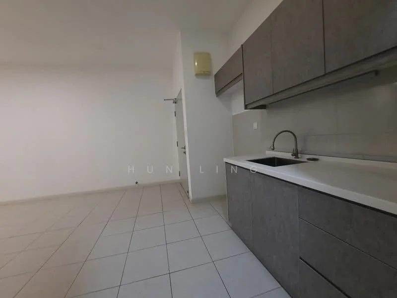 Kitchen features: grey cabinetry, white countertop, single-bowl stainless-steel sink, chrome pull-down faucet, tile flooring, white walls, recessed downlights, built-in oven, stainless-steel range hood; style: modern.