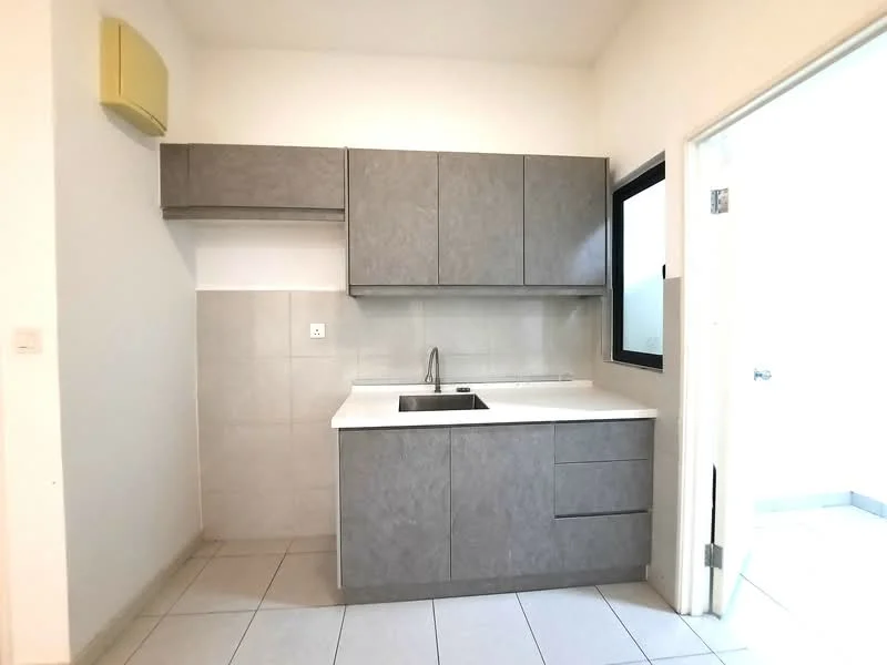 Kitchen features: grey laminate cabinetry, white quartz countertop, single-bowl stainless-steel sink, chrome pull-down faucet, tile backsplash, ceramic tile flooring, wall-mounted split AC, window with black frame, light switch, door leading to hallway; style: modern.