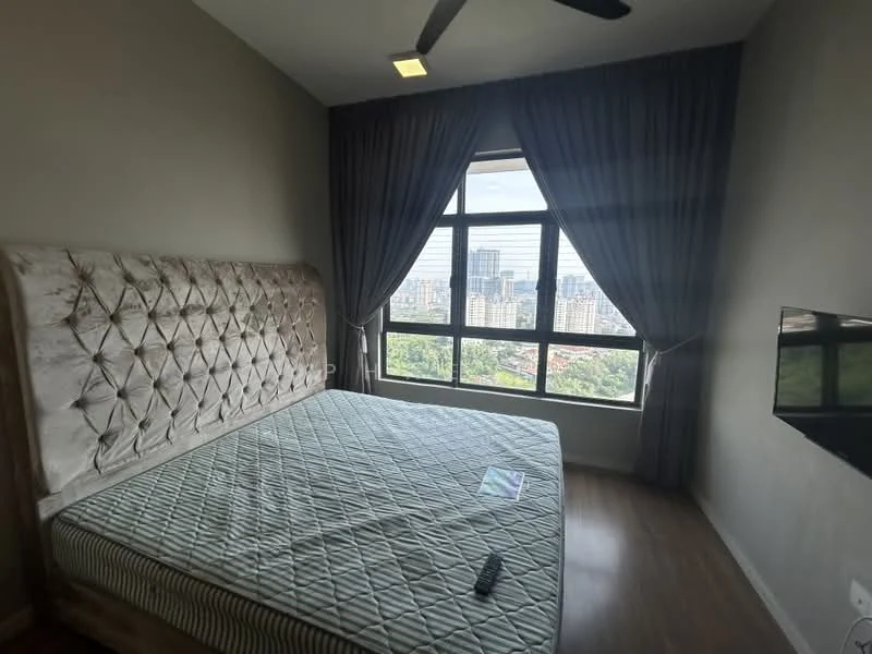 Bedroom features: king-size bed, upholstered headboard, floor-to-ceiling window, city view, grey curtains, wood laminate flooring, wall-mounted TV, ceiling fan with light; style: modern; view: city.