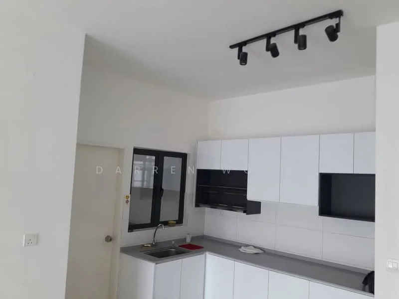 Kitchen features: white cabinetry, grey countertop, single-bowl stainless-steel sink, chrome pull-down faucet, built-in oven, stainless-steel range hood, ceramic tile backsplash, track lighting, window with black frame, red dish rack; style: modern.