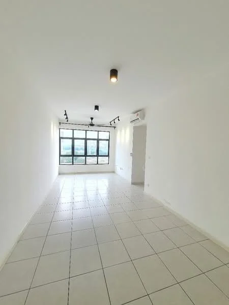Room features: white painted walls, tile flooring, recessed downlights, 1 wall-mounted split AC, large floor-to-ceiling windows, city view, track lighting; style: modern; view: city.