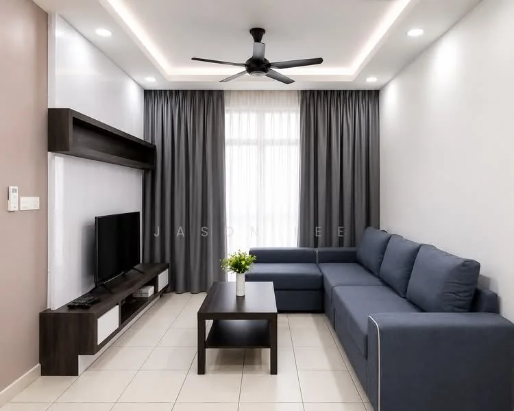 Living features: L-shape sectional sofa in navy blue, coffee table in dark wood, wall-mounted TV, TV console in dark wood with white cabinet, floor-to-ceiling windows with sheer curtains, grey curtains, recessed LED downlights, ceiling fan with light, light-colored tiled flooring, decorative plant on coffee table; style: modern.