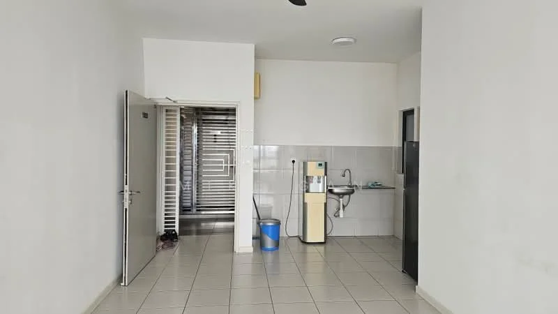 Room features: white painted walls, grey tiled flooring, single-bowl stainless-steel sink, chrome pull-down faucet, kitchen cabinetry, door leading to another room, window, floor-mounted water dispenser, bucket, open layout; style: modern.