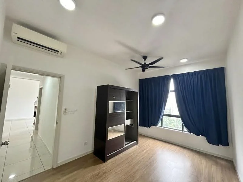 Bedroom features: wooden flooring, white painted walls, 5-blade ceiling fan with light, floor-to-ceiling windows, blue curtains, built-in shelving unit, air conditioning unit, natural light; style: modern; view: garden.
