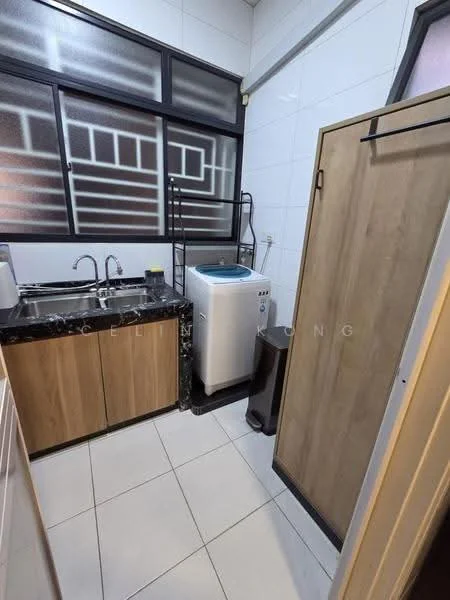 Laundry features: black granite countertop, double-bowl stainless-steel sink, wood cabinetry with light brown finish, white washing machine, tiled flooring, white tiled walls, metal shelving unit, freestanding cabinet, window with frosted glass, plumbing fixtures; style: modern.