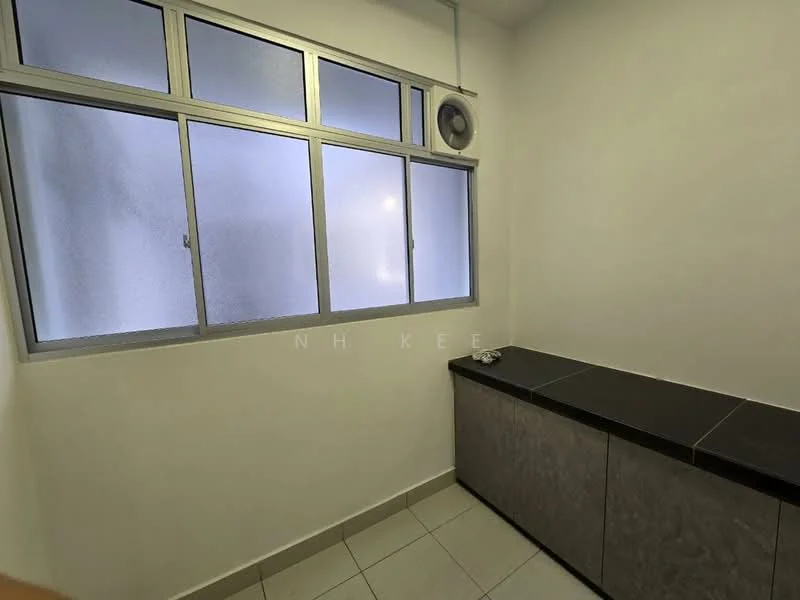 Laundry features: grey cabinetry with countertop, single window with metal frame, wall-mounted air conditioning unit, white painted walls, tile flooring.