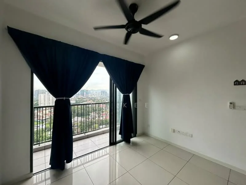 Room features: floor-to-ceiling windows, sliding glass door, blue curtains, white painted walls, tile flooring, ceiling fan, balcony view, city skyline view, recessed lighting; style: modern; view: city.