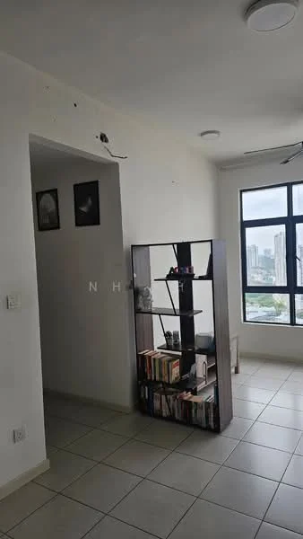 Room features: white painted walls, tile flooring, large window with city view, bookshelf with books, ceiling lights, corner space, neutral color scheme; style: modern; view: city.