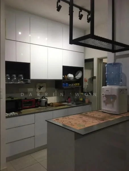 Kitchen features: white flat-panel cabinets, grey countertop, stainless-steel sink, chrome pull-down faucet, built-in microwave, freestanding range oven, toaster, water dispenser, open shelving, tile backsplash, recessed downlights, pendant light, ceramic tile flooring; style: modern.