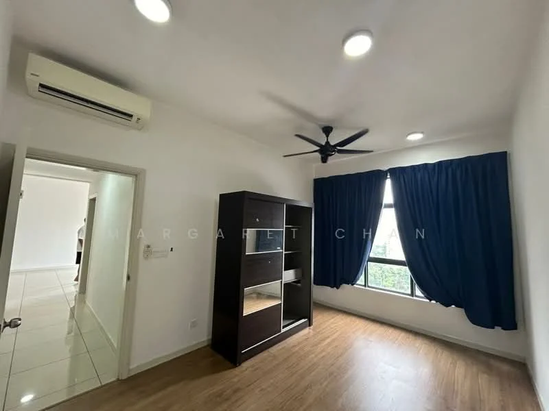 Bedroom features: wooden flooring, white painted walls, 5-blade ceiling fan with light, floor-to-ceiling window, blue curtains, built-in shelving unit, air conditioning unit, recessed downlights; style: modern; view: garden.