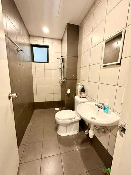 Bathroom features: white toilet, single-sink vanity with wall-mounted faucet, framed mirror, shower with handheld showerhead, grey tile flooring, white wall tiles, dark accent wall, wall-mounted towel bar, window for natural light; style: modern.