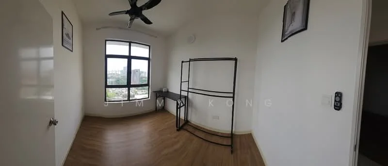 Room features: large window with city view, wooden flooring, white painted walls, ceiling fan, black metal shelving unit, desk, decorative wall art, light switch; style: modern; view: city.
