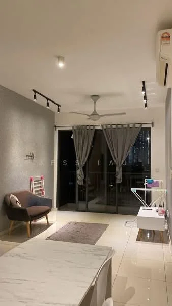 Living features: grey accent wall, white painted walls, marble tile flooring, 5-blade ceiling fan with light, recessed LED downlights, floor-to-ceiling sliding glass door, sheer curtains, dark fabric armchair, area rug with geometric pattern, dining table with white chairs, clothes drying rack; style: modern; view: city.