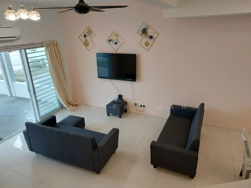 Living features: 2-seater fabric sofa in grey, 3-seater fabric sofa in grey, coffee table, wall-mounted TV, floor-to-ceiling windows, sliding glass door, curtains, ceiling fan with light, white painted walls, glossy tile flooring, decorative wall art; style: modern; view: garden.