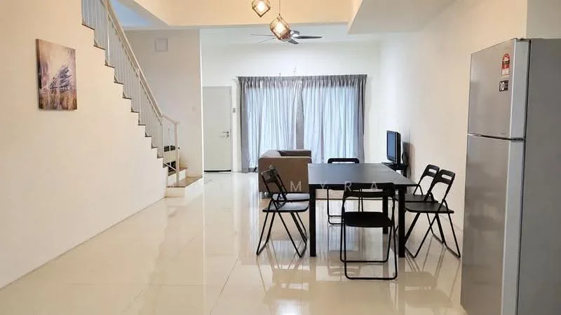 Dining features: white painted walls, glossy tile flooring, 5-blade ceiling fan with light, dining table with black metal frame, 4 black chairs, stainless-steel fridge, wall-mounted TV, sofa in beige, curtains in grey, staircase with white railing; style: modern.