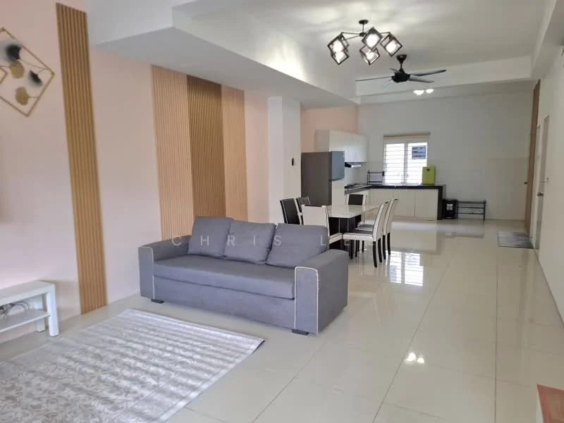 Living features: grey fabric sofa, coffee table, area rug, 5-blade ceiling fan with light, recessed downlights, white walls, wood panel accent wall, large windows, dining table with chairs, kitchen area visible in background; style: modern.