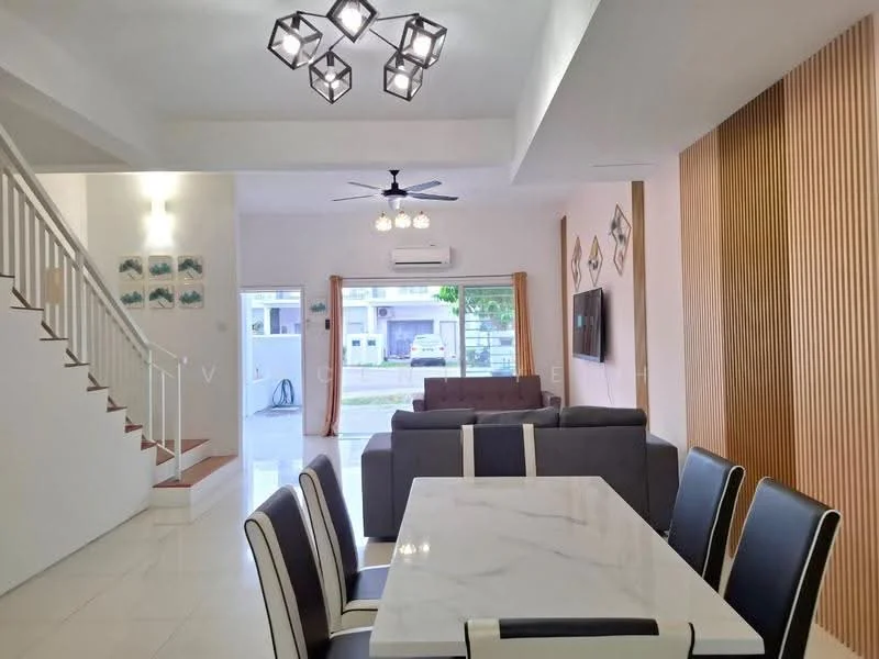 Living features: white painted walls, wood panel accent wall, marble tile flooring, 5-blade ceiling fan with light, modern chandelier, sofa in grey fabric, dining table with marble top, upholstered dining chairs, large glass sliding door, air conditioning unit, decorative wall art; style: modern; view: garden.