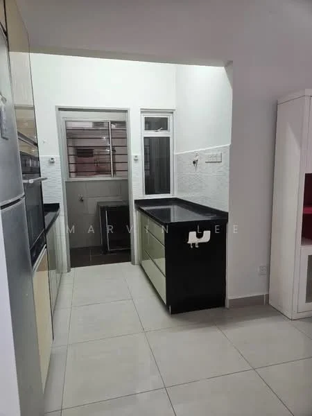 Kitchen features: black granite countertop, cream cabinetry, stainless-steel fridge, built-in oven, ceramic tile flooring, white tiled backsplash, single-bowl stainless-steel sink, chrome pull-down faucet, window with grill, open layout, under-cabinet lighting, wall-mounted cabinets; style: modern.