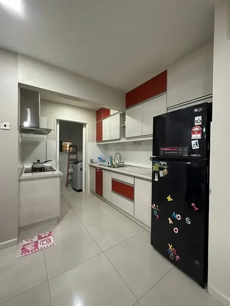 Kitchen features: white and red cabinetry, stainless-steel sink, chrome pull-down faucet, granite countertop, built-in gas stove, exhaust hood, black fridge, ceramic tile flooring, wall-mounted cabinets, open shelving, decorative magnets on fridge, light-colored walls, recessed lighting; style: modern.