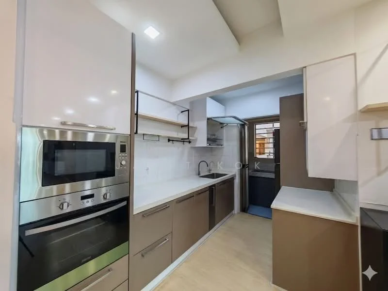 Kitchen features: white glossy cabinetry, brown lower cabinets, stainless-steel built-in oven, stainless-steel microwave, stainless-steel sink, chrome pull-down faucet, white countertop, open shelving, tile backsplash, recessed downlights, laminate flooring, window with grid design, kitchen island, wall-mounted cabinets; style: modern.