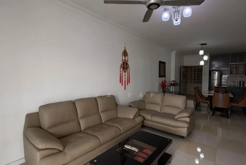 Living features: 3-seater leather sofa in beige, 2-seater leather sofa in beige, glass coffee table with black surface, white painted walls, marble tile flooring, ceiling fan with light, recessed downlights, decorative wall hanging, open layout to dining area; style: modern.