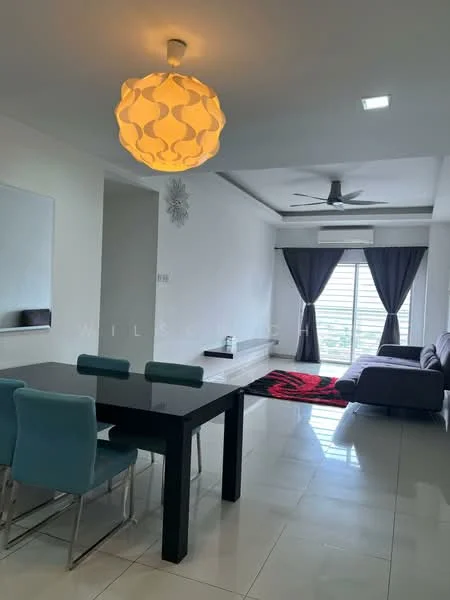 Living features: 3-seater fabric sofa in grey, black coffee table, area rug with floral pattern, floor-to-ceiling windows, curtains in dark grey, 5-blade ceiling fan with light, recessed downlights, white painted walls, glossy tile flooring, decorative wall clock, mirror on wall; style: modern; view: city. Dining features: 6-seater dining table in black, metal dining chairs with blue upholstery, white painted walls, glossy tile flooring, pendant light fixture; style: modern.