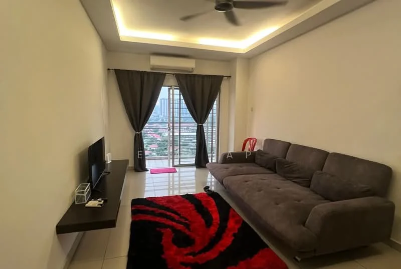 Living features: grey fabric sectional sofa, black and red area rug with swirl pattern, wall-mounted TV, floating TV console, floor-to-ceiling windows, curtains in dark grey, recessed ceiling lights, ceiling fan; style: modern; view: city.