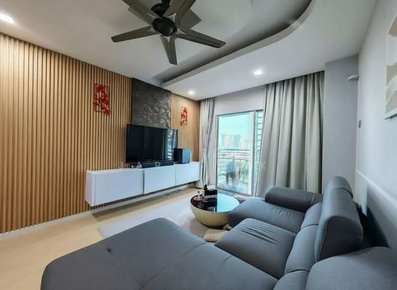 Living features: grey sectional sofa, round coffee table, wall-mounted TV, white media console, wood panel accent wall, stone feature wall, floor-to-ceiling windows, sheer curtains, ceiling fan with light, recessed lighting, light wood flooring; style: modern; view: city.