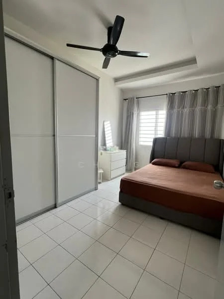 Bedroom features: queen-size bed with brown bedding, upholstered headboard, built-in wardrobe with sliding doors, white dresser, floor-to-ceiling window with sheer curtains, ceiling fan, white tiled flooring, recessed ceiling; style: modern.