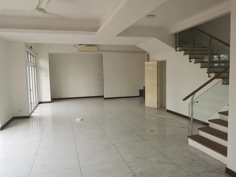 Living features: white painted walls, marble tile flooring, 5-blade ceiling fan, sliding glass door, floor-to-ceiling windows, staircase with glass railing, recessed downlights, open layout, neutral color scheme; style: modern.