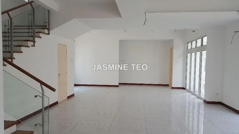 Room features: white painted walls, glossy ceramic tile flooring, staircase with glass railing, large windows, door leading outside, recessed ceiling lights, open layout, neutral color scheme; style: modern.