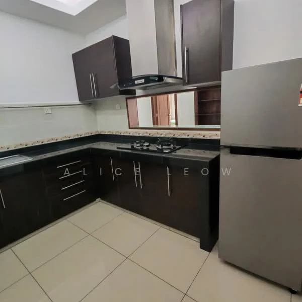 Kitchen features: black granite countertop, stainless-steel sink, chrome pull-down faucet, 2-burner gas hob, stainless-steel range hood, dark wood cabinetry, built-in oven, ceramic tile flooring, white tiled backsplash, refrigerator, wall-mounted cabinets, under-cabinet lighting; style: modern.