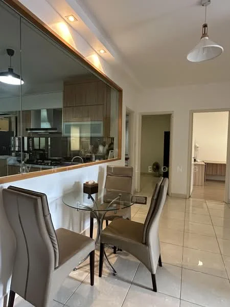 Dining features: glass dining table, 4 upholstered dining chairs in beige, white painted walls, tile flooring, recessed downlights, pendant light, mirror wall, open layout to kitchen, doorway to hallway, doorway to another room; style: modern.