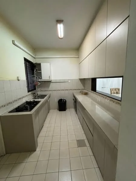Kitchen features: laminate cabinetry in light beige, white tiled backsplash, grey countertop, single-bowl stainless-steel sink, chrome pull-down faucet, 4-burner gas hob, built-in oven, under-cabinet lighting, tile flooring, window with black grill, waste bin, recessed ceiling light; style: modern.
