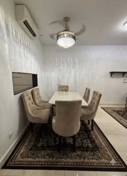 Dining features: 6-seater dining table, upholstered dining chairs in cream, chandelier with crystal accents, wall-mounted shelf, air conditioning unit, decorative wall with textured finish, area rug with intricate pattern, tile flooring; style: modern.