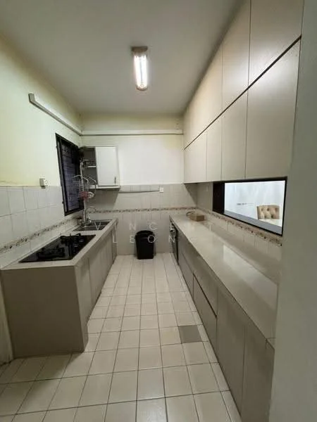 Kitchen features: L-shaped countertop, light-colored laminate countertop, single-bowl stainless-steel sink, chrome pull-down faucet, built-in gas hob, white cabinetry with flat-panel doors, tile backsplash, white tiled flooring, overhead fluorescent lighting, window with black frame, waste bin, wall-mounted shelving; style: modern.