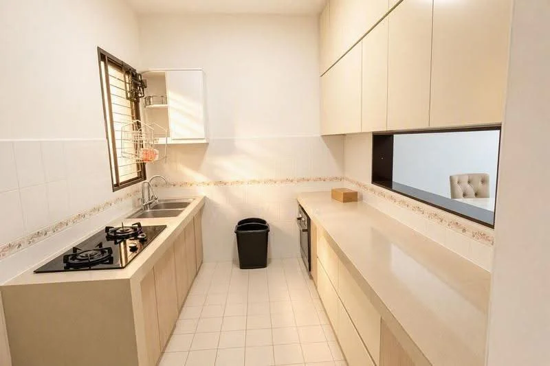 Kitchen features: light beige cabinetry, white tiled backsplash, cream countertop, double-basin stainless-steel sink, chrome pull-down faucet, 2-burner gas hob, built-in oven, window with metal grill, white tiled flooring, black trash bin; style: modern.