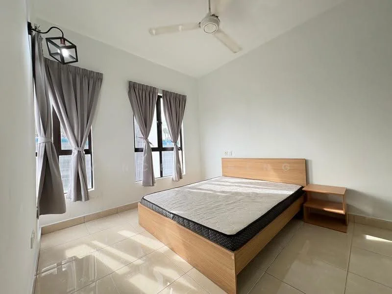 Bedroom features: queen-size bed, wood bed frame, nightstand, floor-to-ceiling windows, sheer curtains, grey curtains, ceiling fan, tile flooring, light-colored walls; style: modern; view: city.