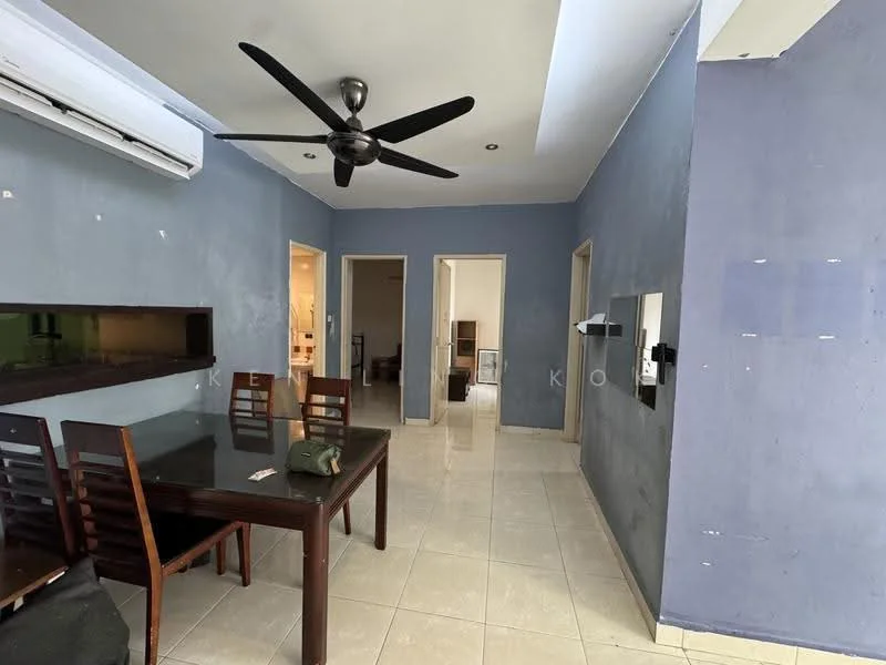 Dining features: 4-seater wooden dining table, wooden dining chairs, cream tiled flooring, light blue painted walls, ceiling fan, wall-mounted intercom panel, open doorway to hallway, open doorway to kitchen, wall-mounted mirror; style: modern.