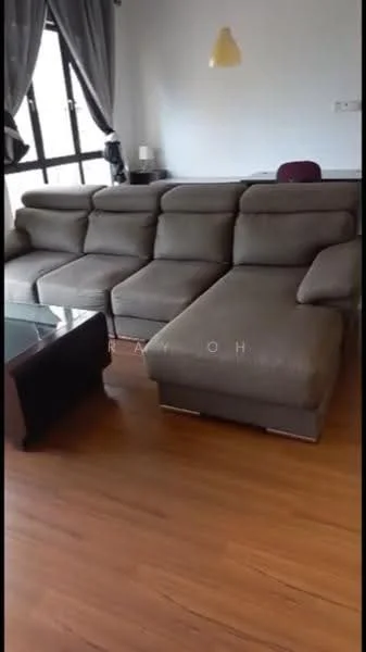 Living features: L-shape sectional sofa in grey, glass coffee table, wooden flooring, floor-to-ceiling windows, curtains, wall-mounted light fixture, decorative wall, side table; style: modern.