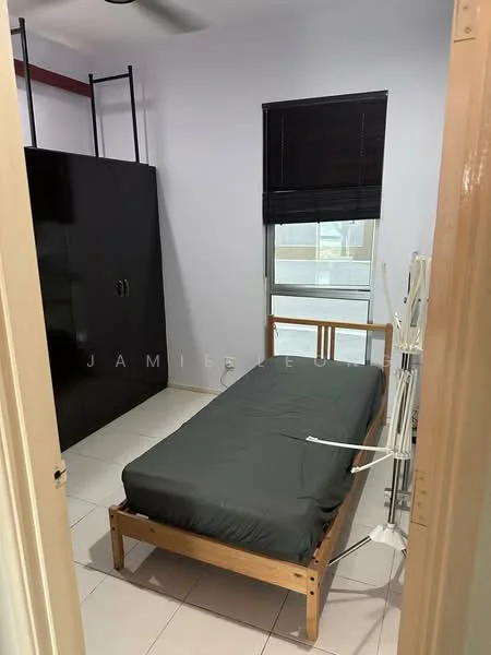 Bedroom features: single bed with dark bedding, black wardrobe, window with black roller blinds, white walls, tile flooring, ceiling fan, bedside table, wall-mounted coat rack.