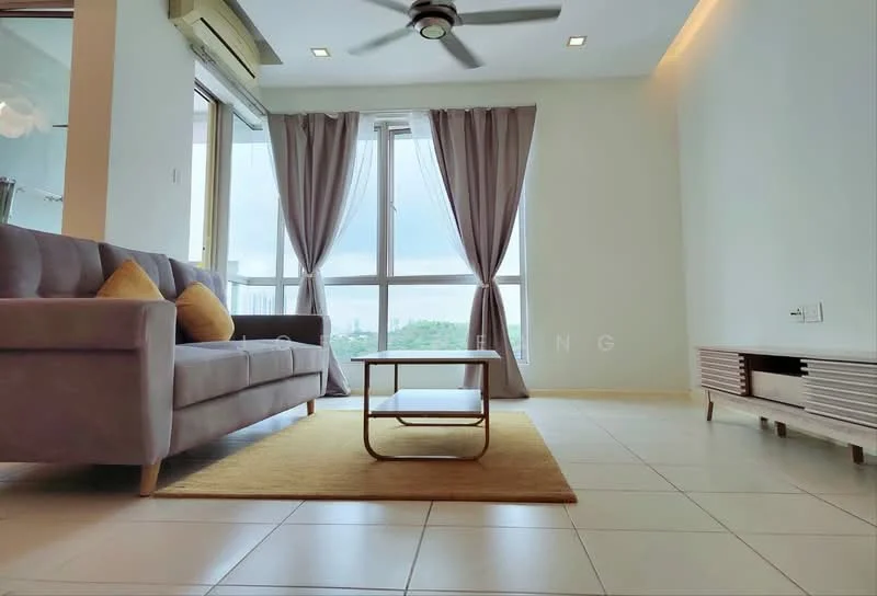 Living features: 3-seater fabric sofa in grey, yellow accent cushions, coffee table, area rug in beige, floor-to-ceiling windows, curtains in grey, ceiling fan with light, TV console, white walls, tile flooring; style: modern; view: city.