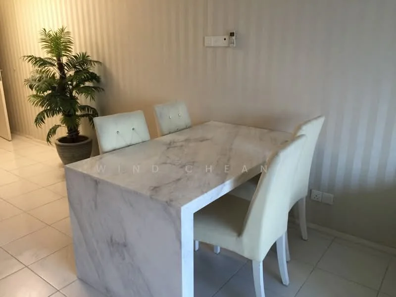 Dining features: marble dining table, 4 upholstered dining chairs in cream, striped wallpaper in light beige, tile flooring, potted plant, wall-mounted electrical outlets; style: modern.