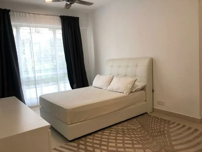 Bedroom features: queen-size bed with upholstered headboard, white bed frame, white bedding, floor-to-ceiling windows, sheer curtains, blackout curtains, light-colored walls, ceiling fan, area rug with geometric pattern, white dresser; style: modern; view: garden.